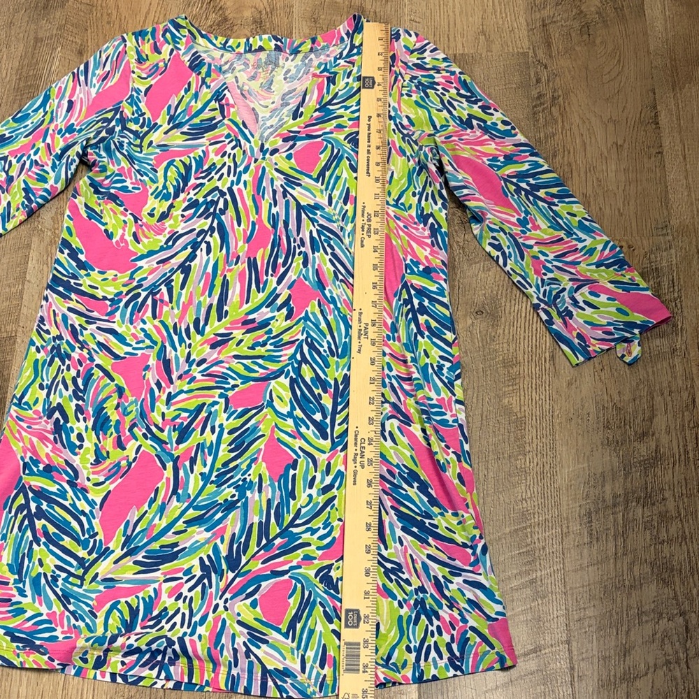 Lilly Pulitzer Ruffle Sleeve V Neck Tunic Dress Pink Green Blue Leaf Print Large - Picture 2 of 4